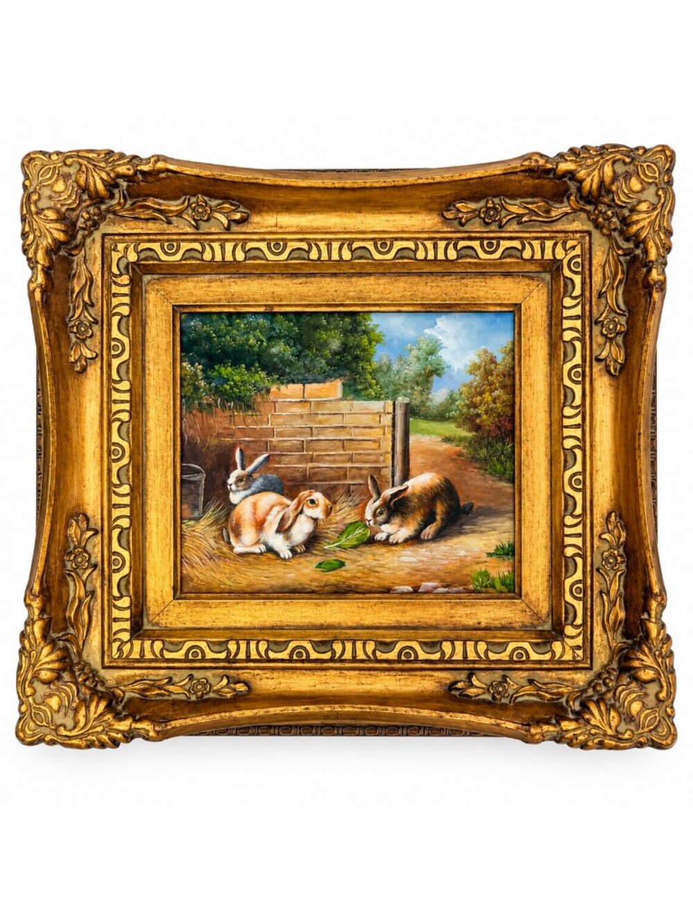 Vintage Bunny Rabbit Painting Gold Frame Ornate French Country Florentine 16"